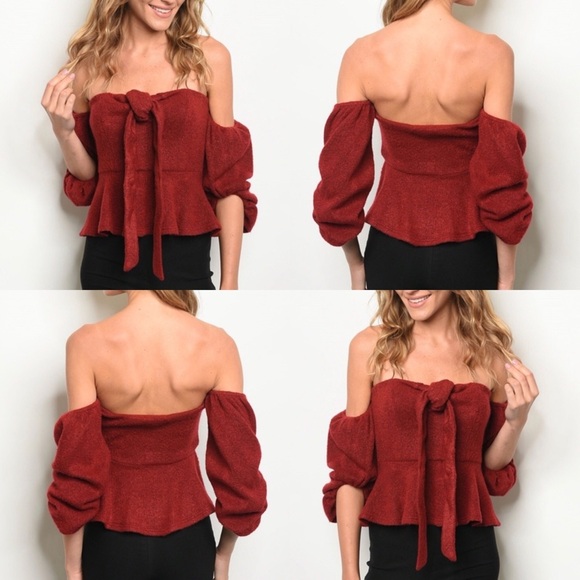 NWT Wine Puff Sleeve Off Shoulder Sweater Top - Picture 2 of 4